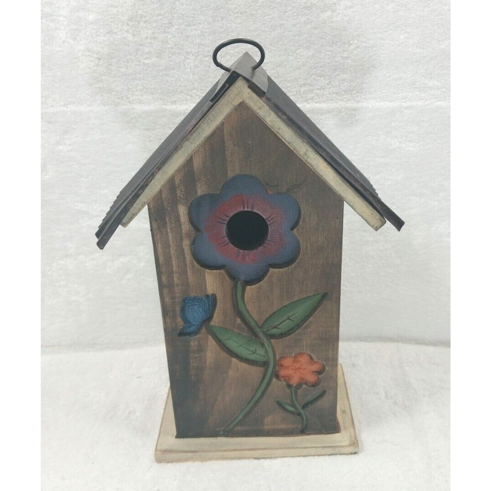 Floral Birdhouse With Rustic Metal Top Blue/Green/Red/Orange New!